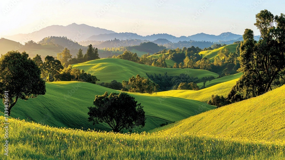 Fototapeta premium Green rolling hills are illuminated by warm golden sunlight and shadows