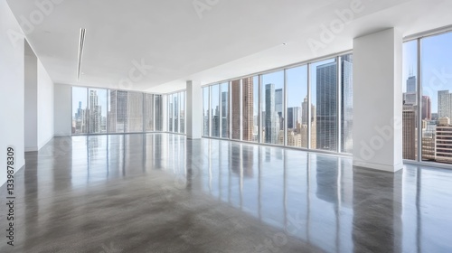 Empty modern city penthouse office, reflecting cityscape photo