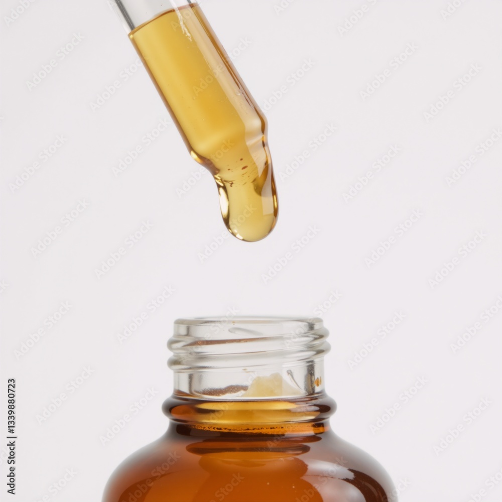Fototapeta premium Close-up image showcasing the detailed texture of Vitamin C serum droplets in a dropper bottle