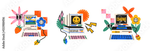 Retro old computers set in Memphis style. Vintage PC with keyboards and abstract vintage doodle elements. Nostalgic tech, 90s aesthetics, and digital nostalgia 