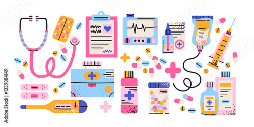 Medical medicines sticker set. Cartoon icons pills, thermometers, IV drips, syringes, and other healthcare elements in retro doodle vector style. Perfect for health, medicine, and wellness designs