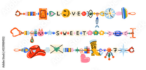 Cartoon friendship bracelets set. Handmade beaded jewelry with letters, stars, hearts, and animals. Colorful funky nostalgic  DIY accessories in retro doodle style.
