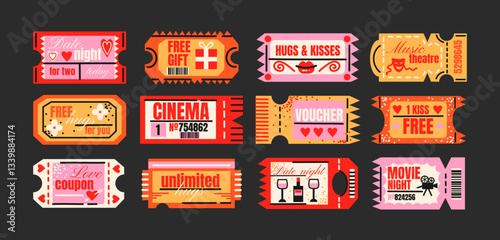 Coupons tickets set. Cartoon various gift, movie, and wish coupons in a doodle retro style. Fun and colorful illustrations for discounts, special offers, and entertainment concepts in 90s style