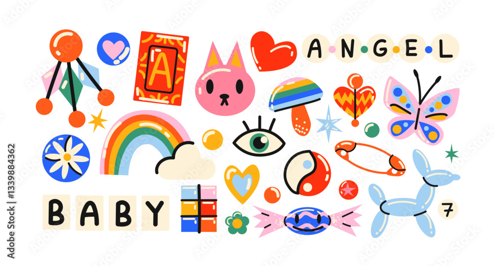 Fototapeta premium Retro hippie stickers 90s. Cartoon bright psychedelic elements, funky shapes, animals,fruits, vintage. Trendy doodle labels, patches, stamps