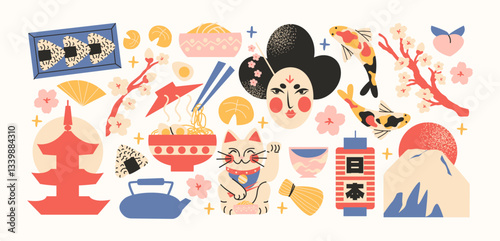 Japanese culture stickers set in cartoon style. Doodle sushi, geisha, koi fish, sakura, ramen, and lucky cat. Retro fun and colorful illustrations traditional asian elements 