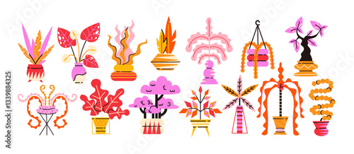 Home plants and leaves in shaped pots. Cartoon indoor plants with vibrant colors and bright design for home decor. Doodle retro stickers