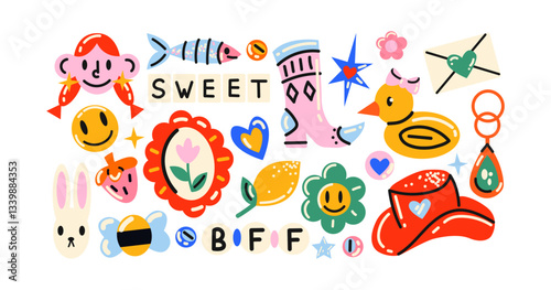 Retro hippie stickers 90s. Cartoon bright psychedelic elements, funky shapes, animals,fruits, vintage. Trendy doodle labels, patches, stamps