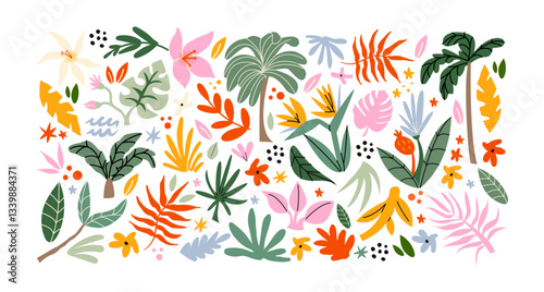 Exotic tropical leaves and jungle plants sticker set. Palm trees, monstera leaves, flowers in a retro cartoon vector style. Ideal for tropical, nature, and summer-themed designs and stickers