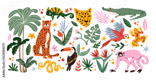 Stickers exotic tropical leaves and wild animals: tigers, leopards, birds, jungle plants, palm trees, monstera leaves and flowers. Set of vector jungle stickers in cartoon retro style