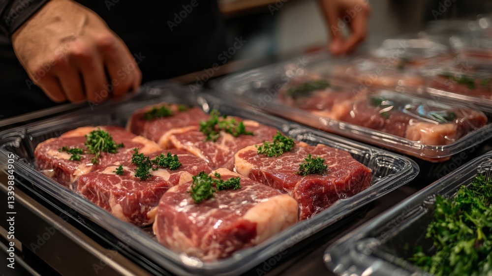 Obraz premium Fresh Beef Steaks Packaged for Sale in Store
