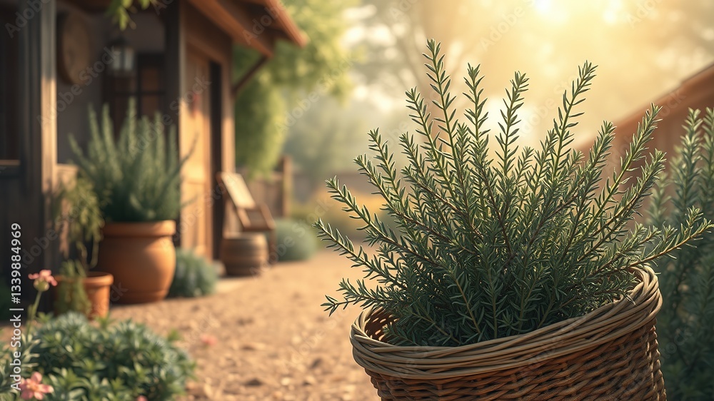 Fototapeta premium Rustic Rosemary Harvest Illustration: A Nostalgic Garden Scene