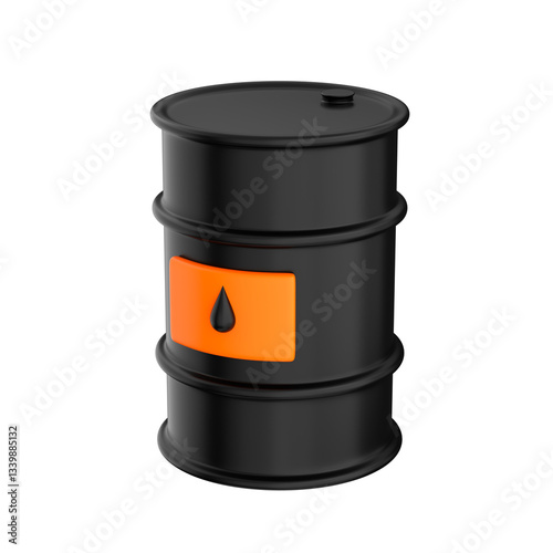 Black 3d icon of an oil drum with orange label over white background, 3d render