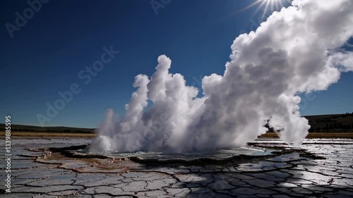 Wallpaper Mural Massive plume of scalding water and steam rising from Great Fountain Geyser, capturing dynamic geothermal power against serene Yellowstone landscape with blue sky backdrop Torontodigital.ca