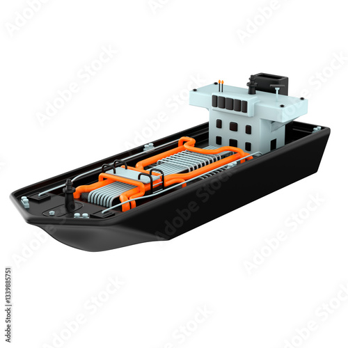 3d icon of an oil tanker with many pipes over white background, 3d illustration