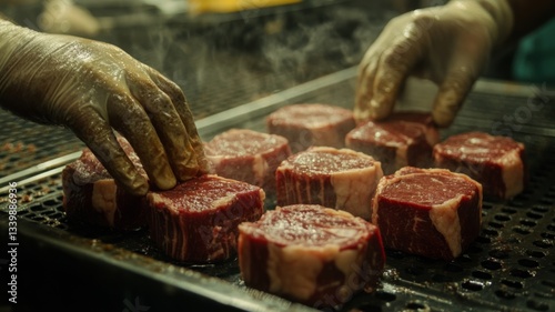 Gloved Hands Carefully Place Steaks On A Hot Grill photo