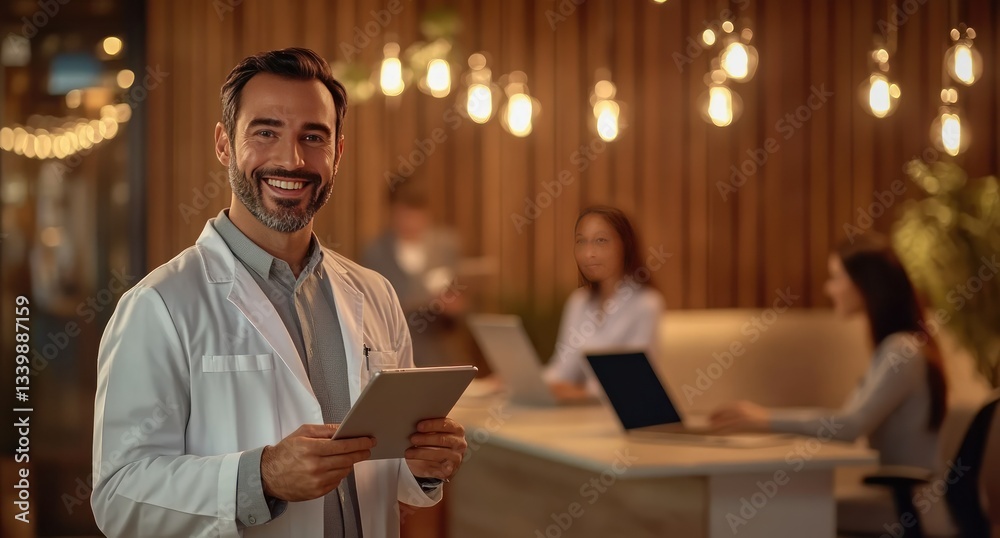 Obraz premium Smiling doctor tablet office colleagues night work