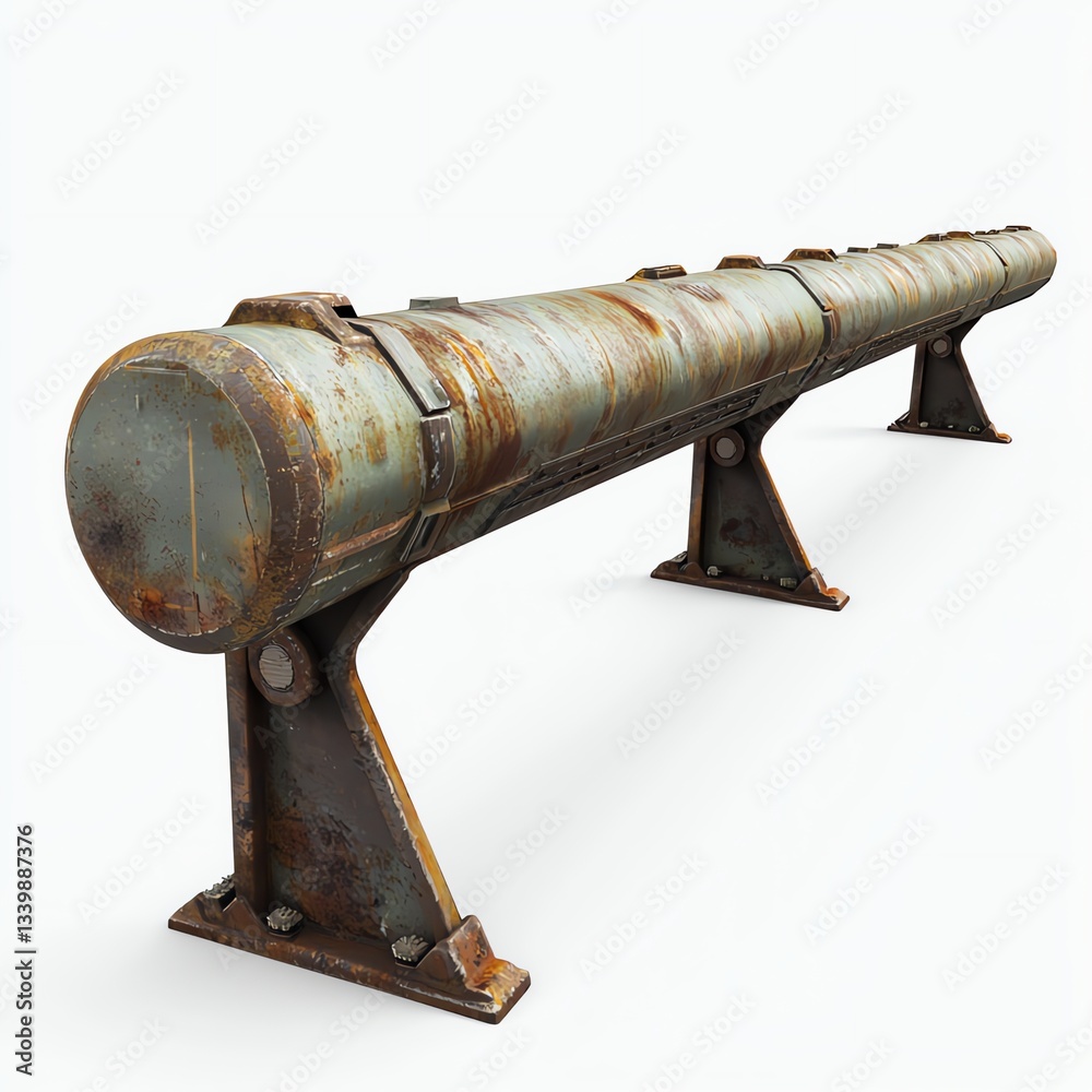 Rusty Metal Cylinder on Support Stands Isolated on White Background Rusty Metal Cylinder on Support Stands Isolated on White Background