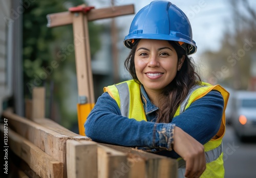 Smiling female construction worker, site, lumber, helmet, street