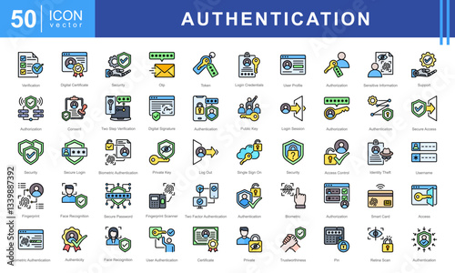 Authentication icon set featuring icons for security, biometric access, authorization, encryption, and digital identity protection. Ideal for cybersecurity, login systems, and secure authentication.