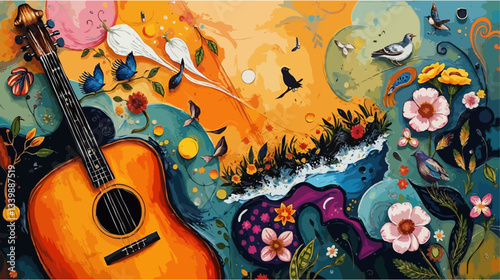 Abstract Music Vector - Whimsical Guitar Painting With Birds And Flowers In Vibrant Colors Creating Dreamy Artistic Atmosphere