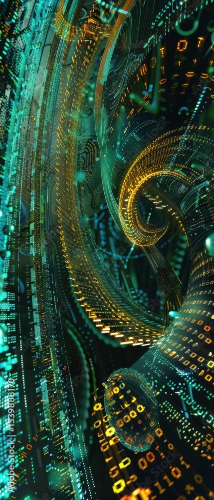 Fototapeta premium Fractal code optimization abstract showing compressed algorithms, binary streams, matrix elements and ultra detailed grain.