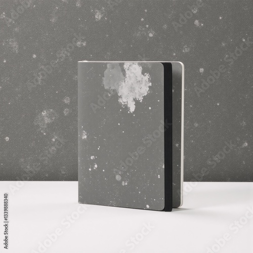 Modern notebook-inspired abstract design with splatter and mottle texture on a grainy background