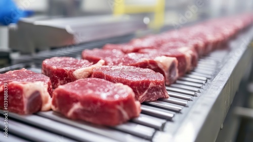 Raw beef steaks on a conveyor belt in a factory