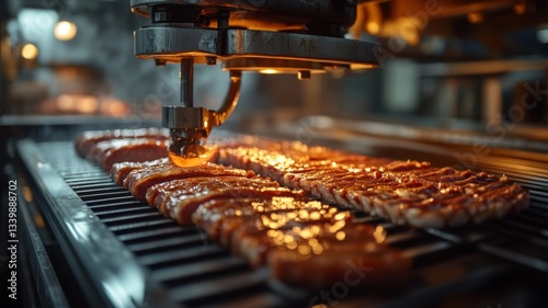 Automated Machine Grilling Rows Of Meat