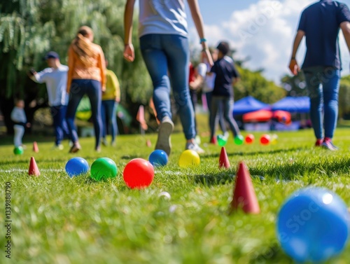 Company sports day with team games on lush green grass; corporate branding subtly visible outdoor fun and activities.