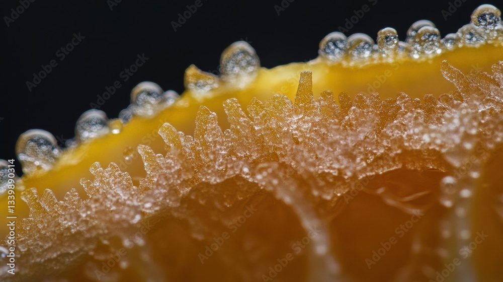 Close-Up of a Juicy Orange Slice with Water Drops and Crystal-Like Structures Showing Textures and Details in High Resolution Close-Up of a Juicy Orange Slice with Water Drops and Crystal-Like Structures Showing Textures and Details in High Resolution