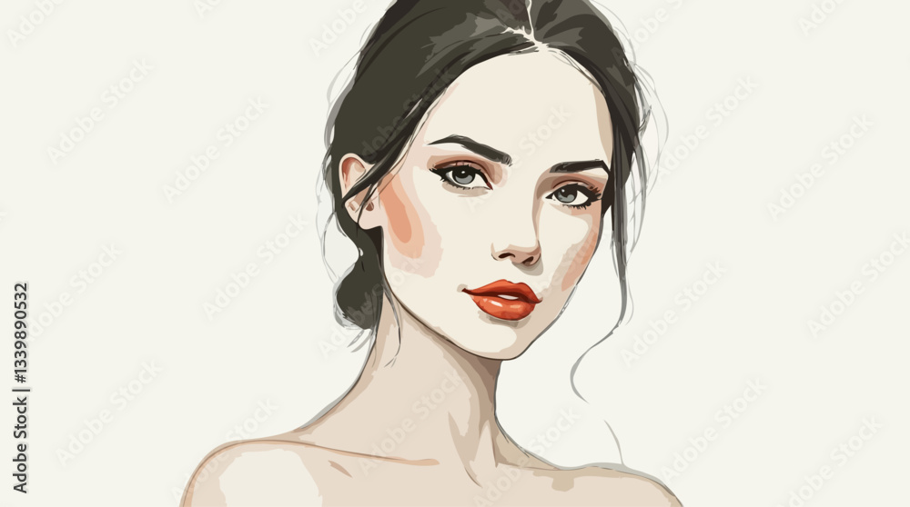 A digital fashion vector illustration portrait of a young woman with striking red lips and elegant makeup with open text area. A digital fashion vector illustration portrait of a young woman with striking red lips and elegant makeup with open text area.