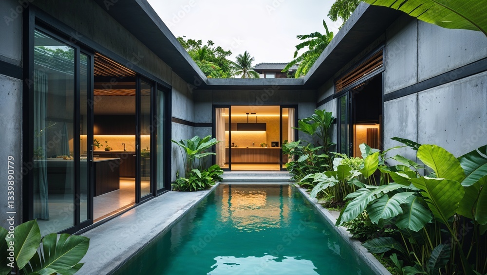 custom made wallpaper toronto digital"A modern tropical villa with an industrial and minimalist design. The architecture features large black-framed glass doors and windows, smooth gray concrete walls, and wooden panel accents