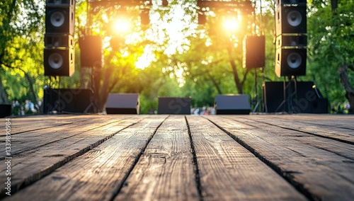 Outdoor Stage: Wooden Deck, Loudspeakers, Sunny Day, Summer Concert, Music Festival, Open-Air Event, Performance Venue, Entertainment