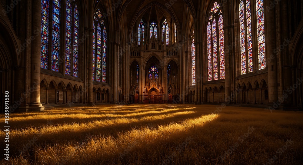 Obraz premium Sunlit Cathedral Interior with Golden Grass