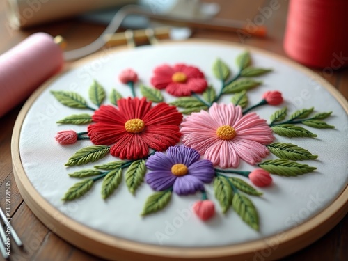 Vivid Embroidery: Red, Pink, and Purple Flowers with Green Leaves on White Fabric photo