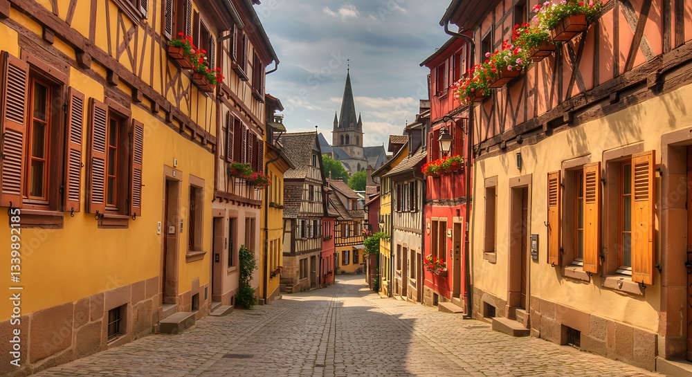 Fototapeta premium Charming European Street Scene with Colorful Buildings
