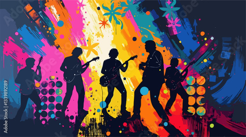 Silhouetted rock band performs against vibrant multicolored abstract background with energetic paint splashes and dynamic patterns.