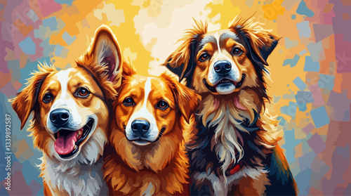 Perfect Pet Vector - Adorable Dogs With Fluffy Colorful Fur Smiling Happily Against Vibrant Background.