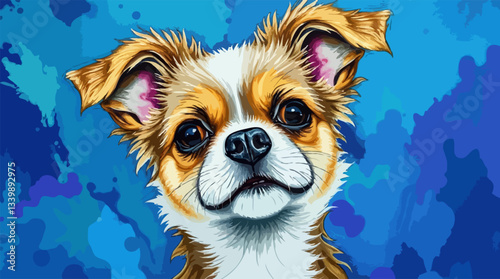 Perfect Pet Vector - Adorable Chihuahua With Soulful Eyes Against Vibrant Blue Watercolor Background.