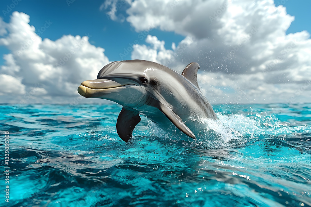 Naklejka premium A playful dolphin leaps from turquoise waters under a bright sky dotted with fluffy white clouds.
