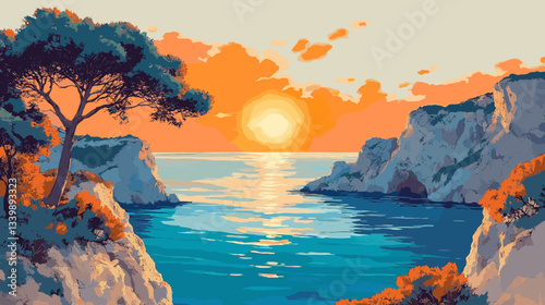Vibrant coastal sunset scene with calm ocean waters, dramatic cliffs, and a lone tree, bathed in warm golden hues, creating a serene and picturesque atmosphere