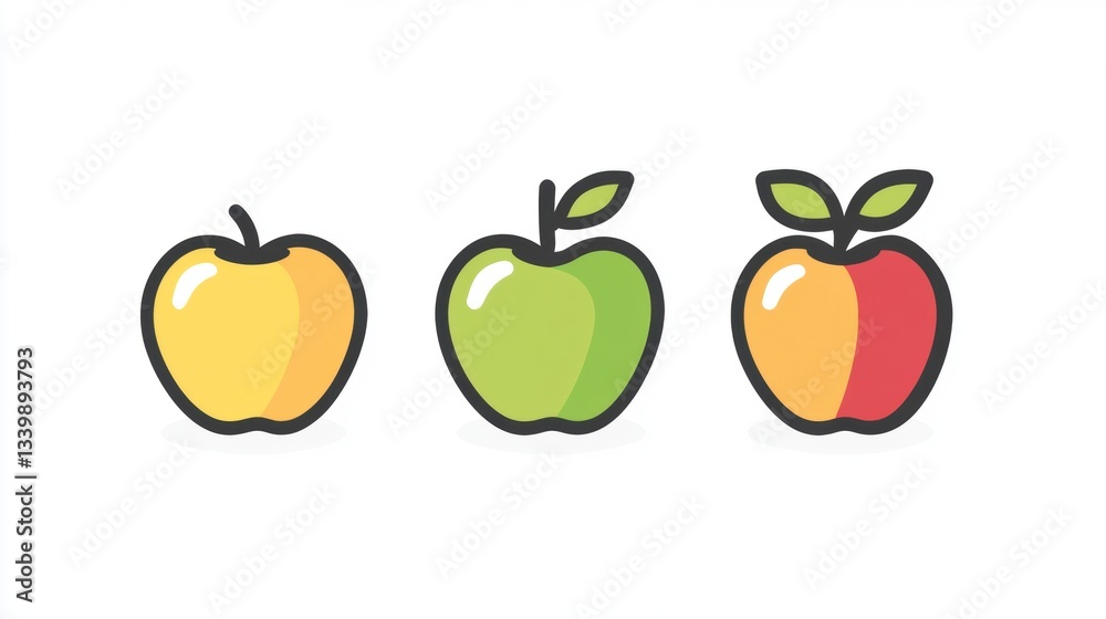 Three Colorful Cartoon Apples on White Background, Featuring Yellow, Green, and Red Illustrations, Perfect for Food and Nutrition Themes Three Colorful Cartoon Apples on White Background, Featuring Yellow, Green, and Red Illustrations, Perfect for Food and Nutrition Themes