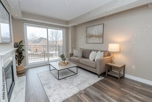 Wallpaper Mural Living room with a beige sofa patterned rug fireplace and balcony door overlooking a wintry scene. Torontodigital.ca