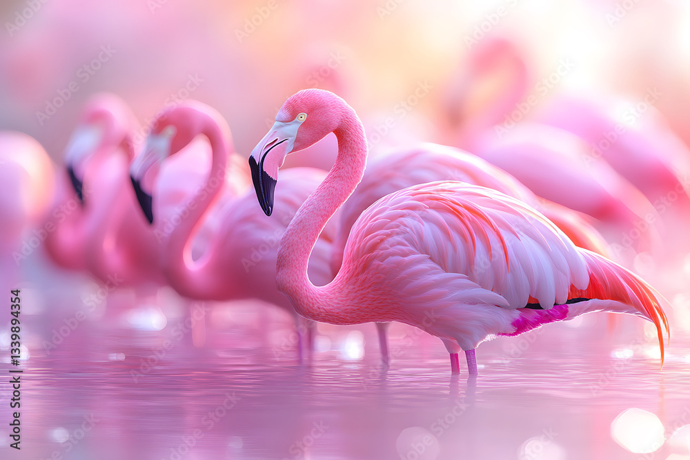 Naklejka premium A flamboyance of pink flamingos standing in shallow water bathed in soft warm light.