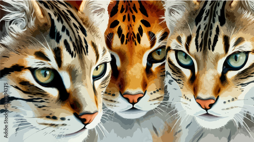 Perfect Pet Vector - Three Intense Bengal Cats With Piercing Eyes Gazing Mysteriously Through Spotted Orange Fur.
