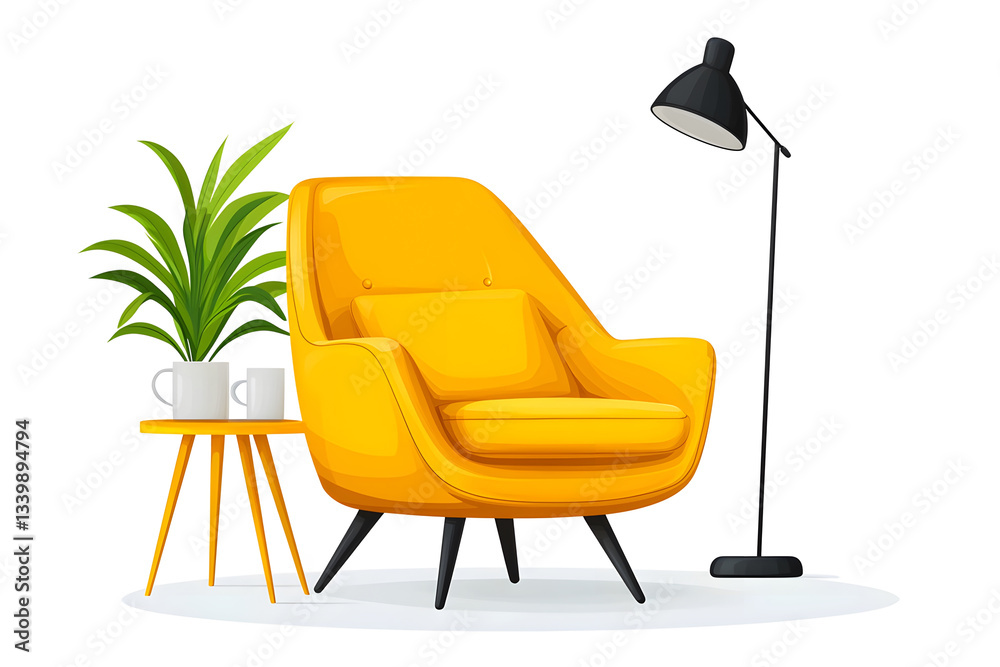 Fototapeta premium Stylish yellow armchair accompanied by a plant stand and a floor lamp against a white background.