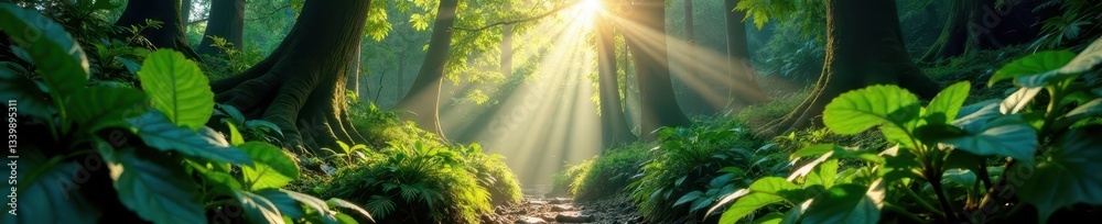 Obraz premium Sunlight dappled rainforest floor, abundant flora, flora, tropical rainforest, forest