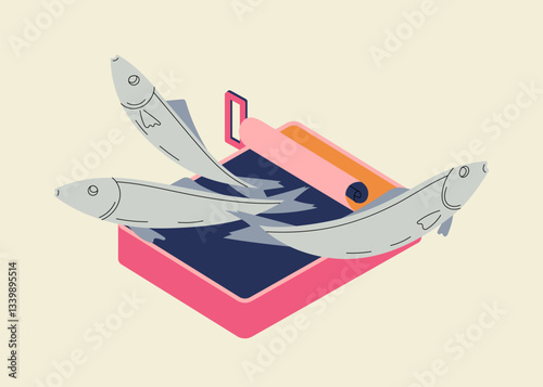 Fresh fish being processed through a modern printing machine in a surreal concept