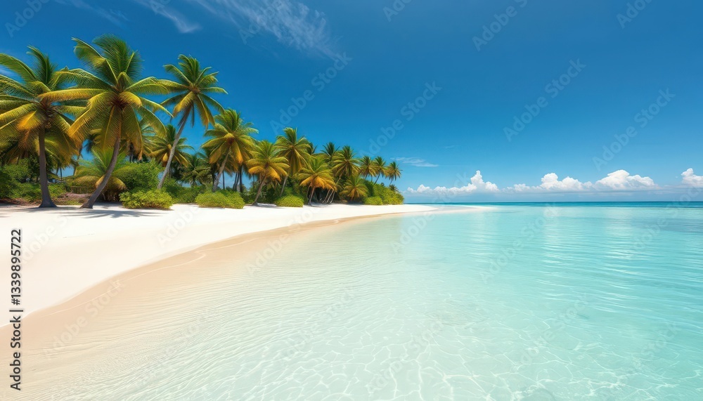 Naklejka premium White sand beach, turquoise water, lush palm trees, remote Pacific island, waves, secluded