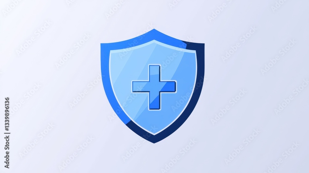 Obraz premium Modern Blue Shield Symbol with Medical Cross for Health and Protection Concepts in a Clean and Minimalistic Style